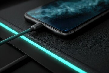 Poster - Smartphone charging on a sleek surface with glowing accents during a nighttime setting
