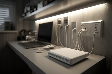 Poster - Workspace setup with cables, laptop, and router in a dimly lit room during evening hours