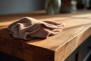 Poster - Soft cloth rests on a warm wooden kitchen countertop in afternoon light