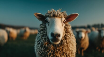 Poster - Close Up of Sheep in a Field at Dusk, Illustrating Animal Husbandry and Sustainable Farming Practices : Generative AI