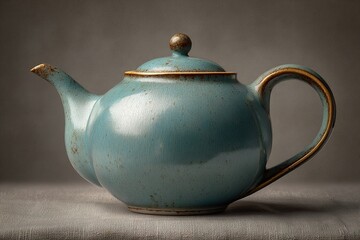 Poster - Ceramic teapot with a vintage turquoise glaze displayed on a textured background during soft ambient lighting