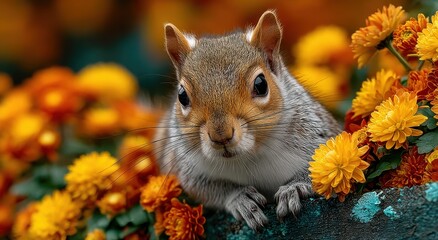 Poster - Gray Squirrel Surrounded by Orange and Yellow Flowers, Representing Autumnal Joy and Wildlife Conservation Efforts : Generative AI