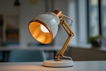 Poster - Elegant desk lamp with adjustable arm illuminating a modern workspace in daylight
