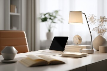 Poster - Modern workspace featuring a stylish desk lamp, laptop, and minimal decor in a bright office setting