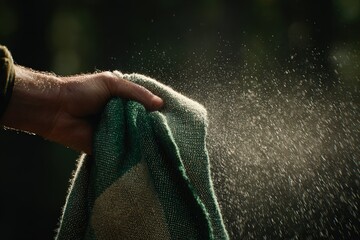 Poster - Hand wringing a wet cloth in a tranquil outdoor setting during late afternoon light