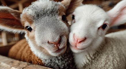 Poster - Close-Up of Two Lambs Together, Symbolizing Friendship and Farm Animal Welfare, Perfect for Agricultural Marketing and Children's Education Campaigns : Generative AI
