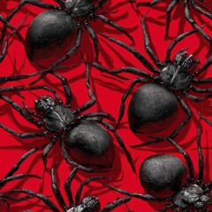 Poster - seamless background texture this striking features spiders against a bold red backdrop, ideal for use in various design projects requiring unique patterns.