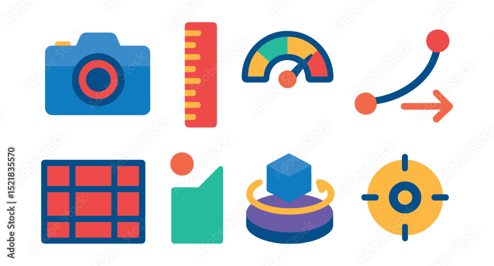 Flat vector icons of camera and scene setup: scene camera icon, focal ...