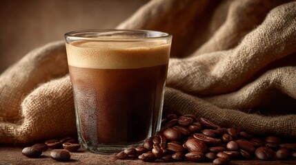 Aufkleber - Glass of Dark Coffee With Foam and Coffee Beans, Representing Morning Energy and Culinary Indulgence, Perfect for Food and Beverage Marketing : Generative AI