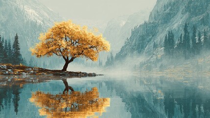 Canvas Print - a solitary, golden tree reflecting in a still lake, surrounded by misty mountains and forest. tranqu
