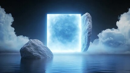 Poster - Glowing Portal in Mystical Landscape: A luminous blue portal shimmers invitingly amidst a surreal landscape of floating rocks and misty water.
