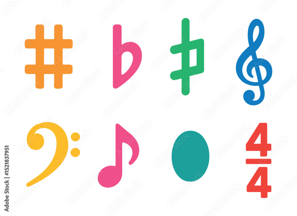 Flat vector icons of musical symbols: sharp, flat, natural, treble clef ...
