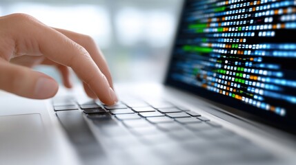 Fototapete - Hand Typing on Laptop Keyboard with Code on Screen, Illustrating Software Development and Digital Transformation in Modern Technology : Generative AI