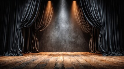 Poster - Empty stage with drawn black curtains. Two bright spotlights illuminate the grey backdrop and wooden floor. Room for performers, presentations, or announcements.