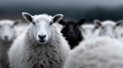 Poster - White Sheep Staring Intently With a Flock in the Background, Showing Individuality and Rural Agriculture, Suitable for Animal Welfare Campaigns : Generative AI
