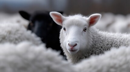 Poster - Close-Up of a White Lamb in a Flock, Symbolizing Innocence and New Beginnings, Perfect for Farm Animal Education and Springtime Themes : Generative AI