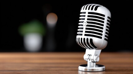 Poster - Vintage Microphone on Wooden Table Against Dark Backdrop, Ideal for Podcast Recording and Voiceover Work, Representing Nostalgia and Audio Production : Generative AI