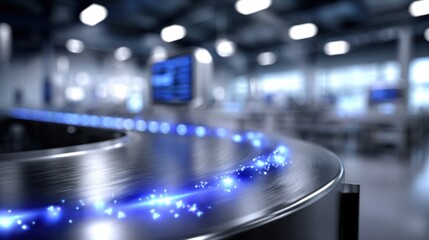 Aufkleber - Futuristic Conveyor Belt With Blue Lights in Factory, Representing Automation and Industrial Innovation for Manufacturing and Supply Chain Solutions : Generative AI