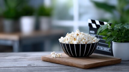 Poster - Bowl of Popcorn on Wooden Board With Movie Clapper and Plant, Representing Entertainment and Home Theater Experience for Leisure and Relaxation : Generative AI