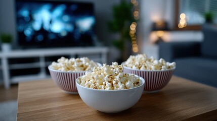 Poster - Three Bowls of Popcorn on a Wooden Table, Representing Entertainment and Cozy Night In, Ideal for Home Decor and Lifestyle Content : Generative AI