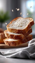 Poster - Stack of Sliced Bread With Falling Grains, Representing Freshness and Healthy Eating for Food Bloggers and Culinary Marketing Campaigns : Generative AI