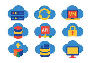 flat vector icons of cloud data analytics: cloud server, data sync, virtual machine, cloud database,