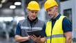© Generative AI - Two Factory Workers Reviewing Data on a Tablet, Representing Industrial Innovation and Workplace Collaboration in a Modern Manufacturing Environment : Generative AI