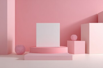 - Abstract geometrical shapes in pink pastel tones with podium for product display, minimal concept, and modern aesthetic, perfect for showcasing creativity and innovation.