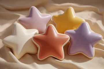 Poster - Close-up shot of colorful star-shaped objects in pastel colors, arranged on a soft, beige fabric background, creating a playful and inviting aesthetic perfect for children