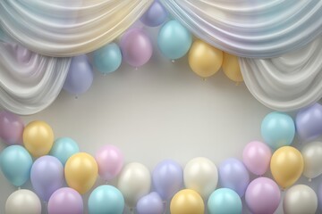 Poster - Pastel party backdrop with soft draped fabric and colorful balloons creating a whimsical festive mood perfect for birthday celebrations or baby showers.