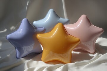Poster - A pastel assortment of star-shaped balloons on a white silky backdrop, creating a whimsical and celebratory atmosphere perfect for birthdays and special occasions.
