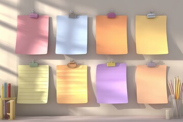 Poster - A set of colorful blank paper sheets hanging on a wall with shiny clips, perfect for mockups, presentation template, or creating a stylish design background.