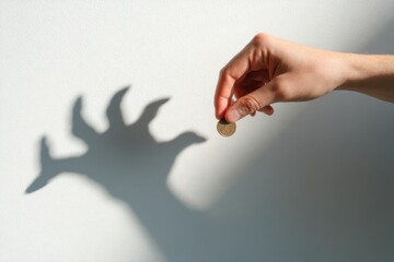 Poster - Hand holding coin with shadow. Financial concept. Inflation and recession effect, economic issues, money problems, finance business and banking market challenges.