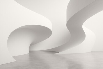 Poster - Flowing wavy walls create a captivating sense of fluidity and motion within an expansive modern architectural space, featuring a sleek concrete floor that enhances the minimalist design