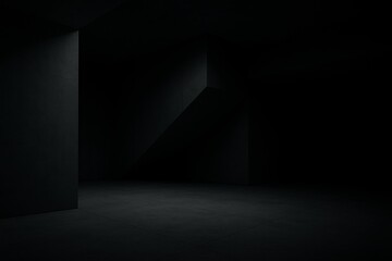 Poster - Light beams illuminate a dark, empty room with geometric shapes, creating dramatic shadows and a mysterious atmosphere, perfect for showcasing products or adding an eerie touch to any project