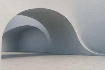 Poster - Smooth gray arches creating a tunnel effect in a modern architectural setting, with curved walls and concrete floor, representing innovative design and futuristic aesthetics