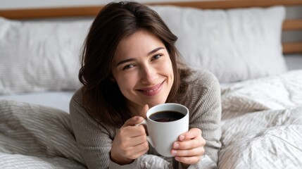 Poster - Smiling Woman Enjoying Coffee in Bed, Representing Leisure and Self-Care in the Morning, Perfect for Lifestyle and Wellness Content : Generative AI