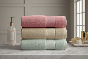 Poster - a neatly stacked pile of three soft, pastel-colored towels on a marble countertop, next to elegant b