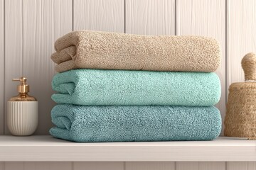 Poster - a stack of soft, colorful towels sits neatly folded on a shelf, adding a touch of spa-like elegance 