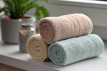 Poster - stack of rolled pastel towels on white surface, with a plant and jar in the background, creating a s