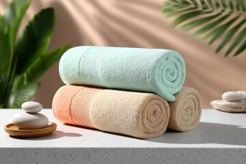 Poster - a close-up shot of neatly rolled, soft and colorful towels stacked on a counter, with natural light 