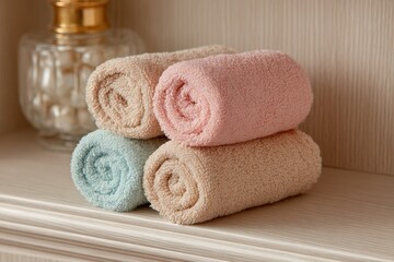 Poster - a neatly stacked set of soft, pastel-colored rolled towels, arranged on a shelf with a blurred glass