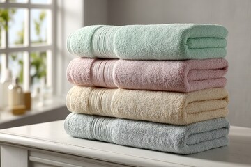 Poster - a neatly stacked pile of soft, pastel-colored towels on a white wooden dresser, creating a spa-like 