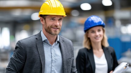 Poster - Two Engineers Wearing Hard Hats in a Factory, Representing Workplace Safety and Industrial Inspection, With Focus on Collaboration and Project Management : Generative AI