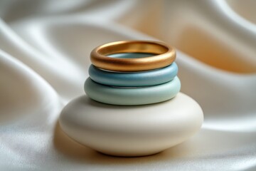 Poster - Elegant stacking rings: A golden band atop pastel-colored layers on white surface, reflecting soft light and creating a sense of luxury and refined simplicity.