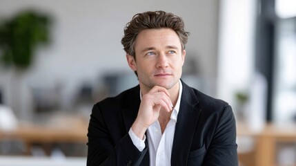 Aufkleber - Pensive Businessman in Suit Contemplating Future Strategy in Office, Representing Leadership and Corporate Vision, Ready for Recruitment or Management Consulting : Generative AI