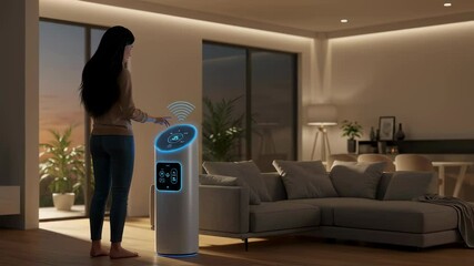 Poster - Woman interacting with smart futuristic home air purifier or assistant. Smart home device controlling indoor environment. Future technology footage.