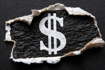 Poster - A macro image shows a torn piece of paper revealing a dollar symbol on dark surface, conveying economic concepts, financial downturn, or asset loss.