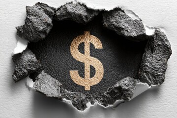 Poster - Revealing wealth: A golden dollar sign emerges from a torn paper background, suggesting financial breakthrough and opportunity, with a symbol of economy.