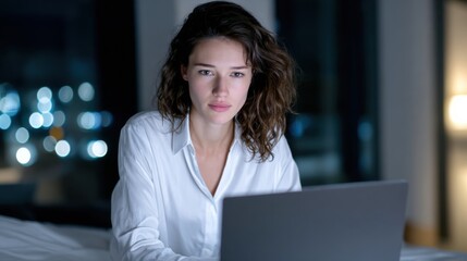 Poster - Woman Working Late on Laptop in Dimly Lit Room, Representing Remote Work and Digital Productivity for Modern Business : Generative AI
